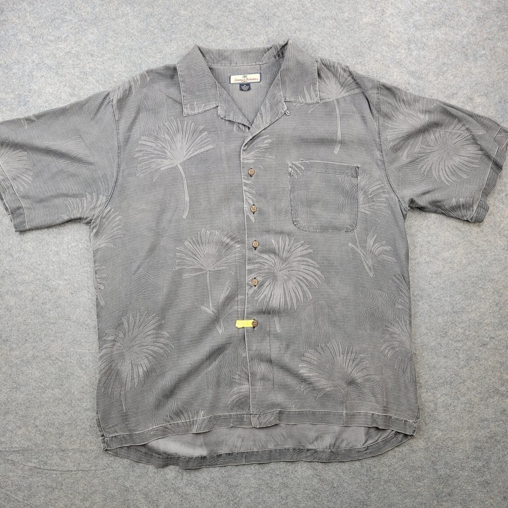Tommy Bahama Shirt Mens‎ XL Gray Silk Hawaiian Floral Button Front Short Sleeve